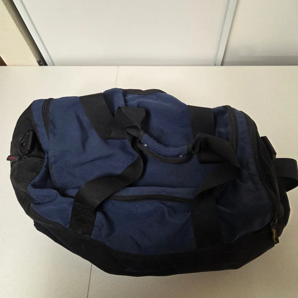 Eddie Bauer Duffle Bag Black Navy Blue Canvas Travel Gym Weekend Carry On Bag